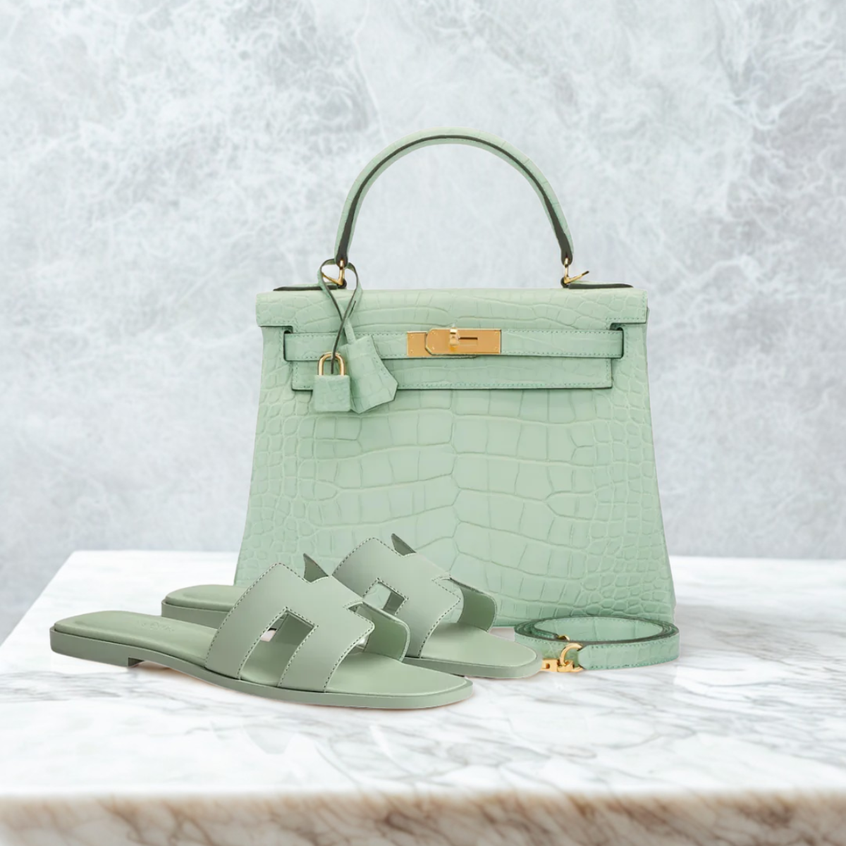 Hermès Set – Kelly 28 Vert d’Eau Alligator Limited Edition & Orange Sandals Green