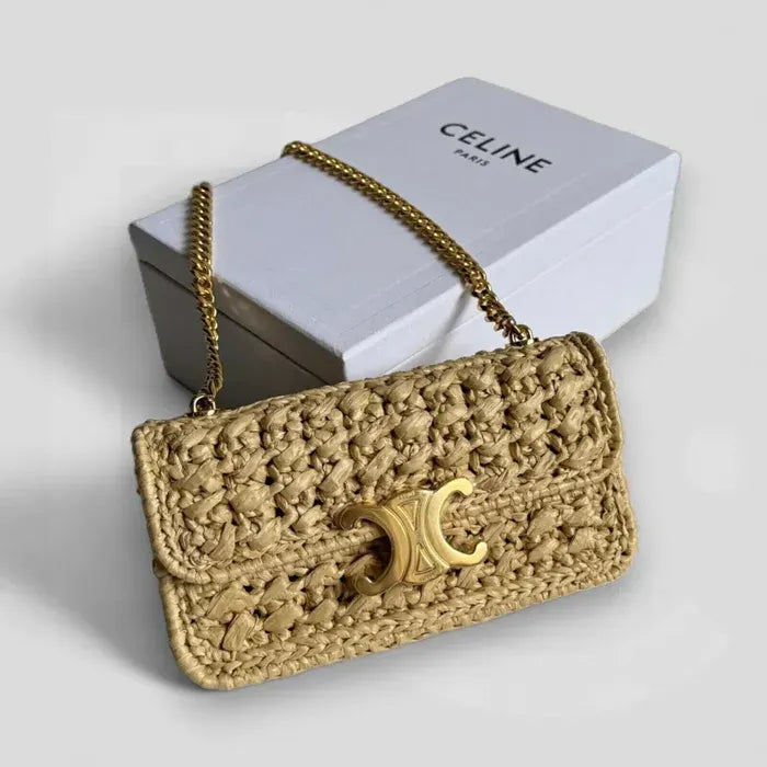 Claude Shoulder Bag with Chain in Raffia with Woven Effect