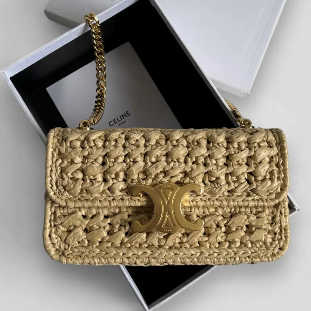 Claude Shoulder Bag with Chain in Raffia with Woven Effect