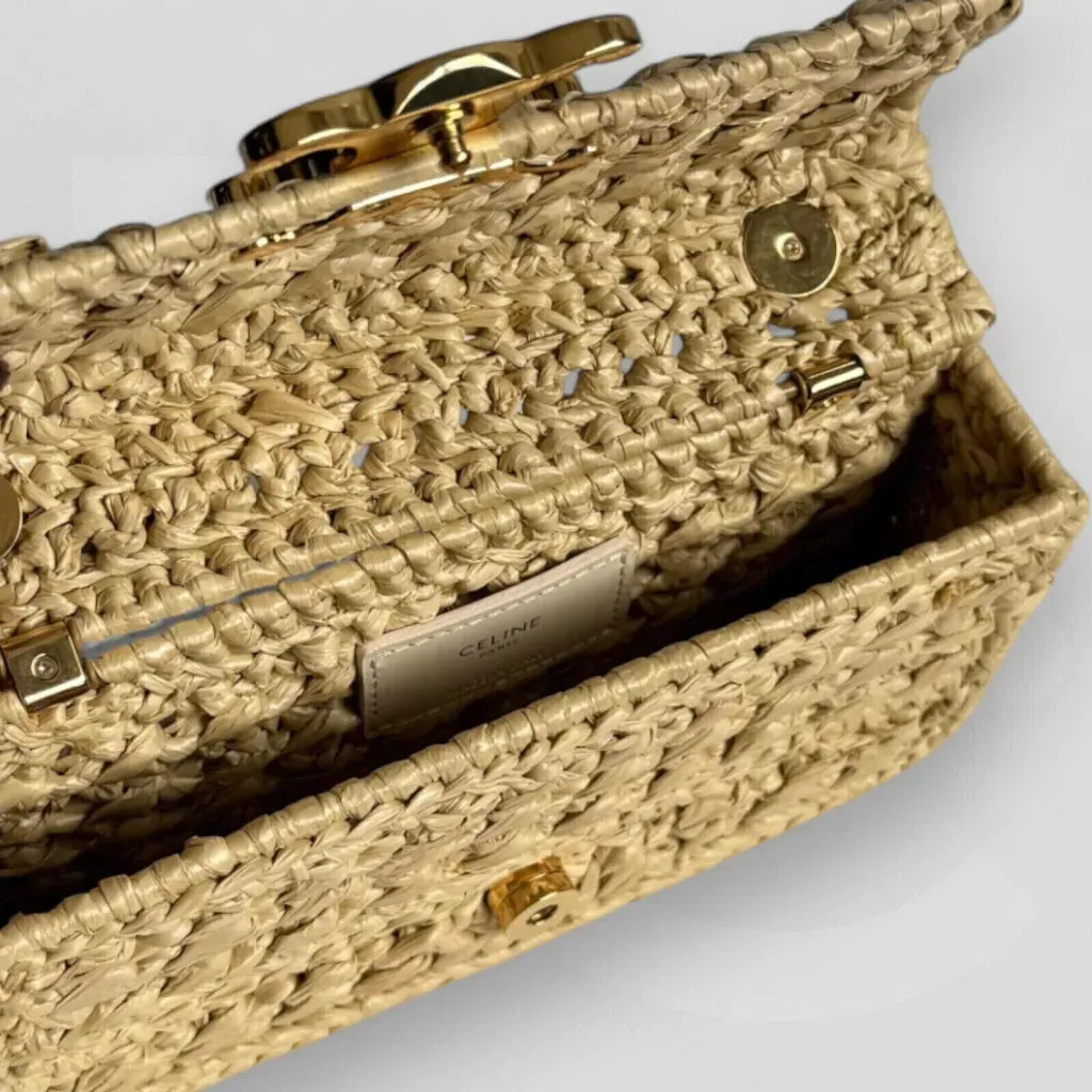 Claude Shoulder Bag with Chain in Raffia with Woven Effect