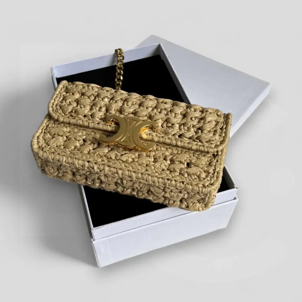 Claude Shoulder Bag with Chain in Raffia with Woven Effect
